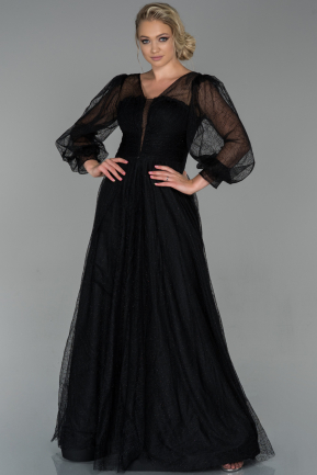 Siyah Uzun Kol V Yaka Simli Abiye Elbise ABU1841