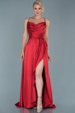 Kırmızı Üstü Drapeli Bacak Dekolteli Uzun Saten Abiye Elbise ABU1843