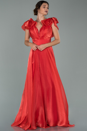 Kırmızı Kolsuz Uzun Şifon Abiye Elbise ABU1875
