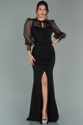 Siyah Uzun Kol Bacak Dekolteli Krep Abiye Elbise ABU1881