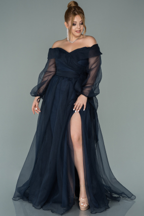 Lacivert Kayık Yaka Uzun Kol Büyük Beden <i>Prenses Siyah Düğün Elbiseleri</i> ABU1535