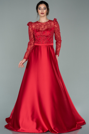 Kırmızı Simli Uzun Kol Saten Abiye Elbise ABU2061