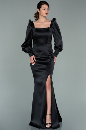 Siyah Uzun Kol Kare Yaka Saten Abiye Elbise ABU2120
