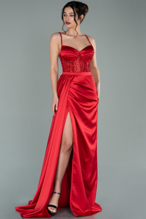 Kırmızı Transparan Taşlı Uzun Saten Abiye Elbise ABU2130