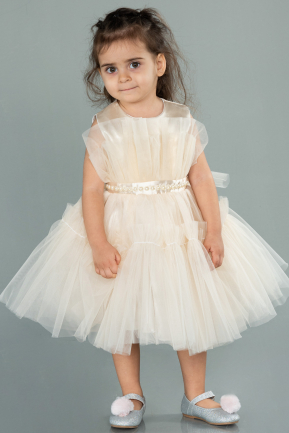 Krem Kız Çocuk Abiye Elbise Prenses Model ABO078