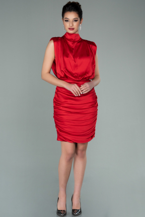 Kırmızı Kolsuz Drapeli Kısa Saten Abiye Elbise ABK1241