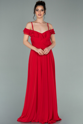 Kırmızı Uzun Yakası Fırfırlı Askılı Şifon Abiye Elbise ABU1657