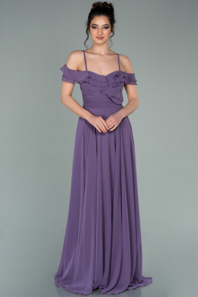 Lavanta Uzun Yakası Fırfırlı Askılı Şifon Abiye Elbise ABU1657