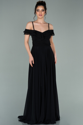 Siyah Uzun Yakası Fırfırlı Askılı Şifon Abiye Elbise ABU1657