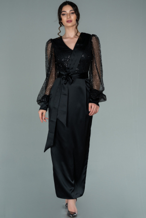 Siyah Pullu Uzun Kol Midi Saten Abiye Elbise ABK1270