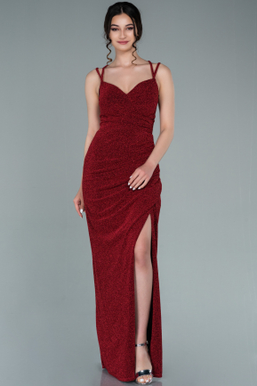 Kırmızı Askılı Uzun Simli Mezuniyet Elbisesi ABU2319