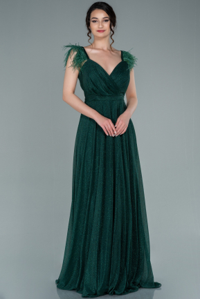 Zümrüt Yeşili Askılı Uzun Simli Abiye Elbise ABU1639