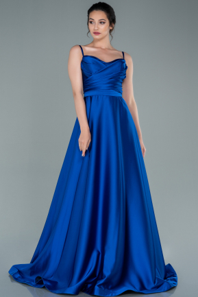 Saks Mavi Uzun İp Askılı Saten Abiye Elbise ABU1601