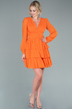 Orange Uzun Kol Sırt Dekolteli Şifon Kısa Davet Elbisesi ABK1450