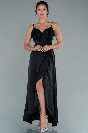 Siyah Önü Kısa Arkası Uzun Saten Mezuniyet Elbisesi ABO092