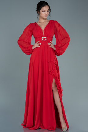 Kırmızı Uzun Kol Yırtmaçlı Şifon Abiye Elbise ABU2636