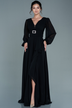 Siyah Uzun Kol Yırtmaçlı Şifon Abiye Elbise ABU2636
