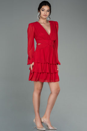 Kırmızı Uzun Kol V Yaka Kısa Şifon Davet Elbisesi ABK1571