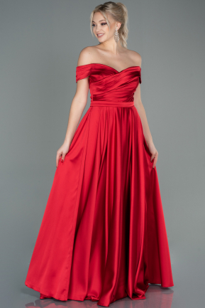 Kırmızı Kayık Yaka Uzun Saten Abiye Elbise ABU2750