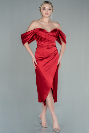 Kırmızı Kayık Yaka Midi Saten Davet Elbisesi ABK1608