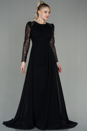 Siyah Pullu Uzun Kol Kuyruklu Şifon Abiye Elbise ABU2916