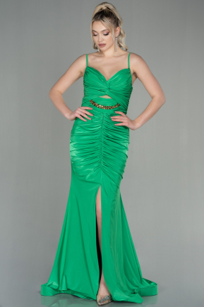 Yeşil Askılı Drapeli Uzun Balık Abiye Elbise ABU2918