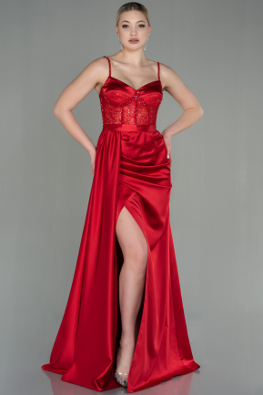 Kırmızı Transparan Taşlı Uzun Saten Abiye Elbise ABU2130