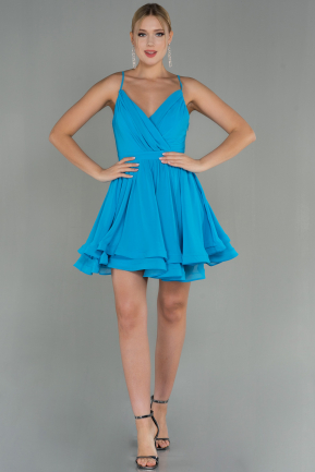 Mavi Askılı Eteği Katlı Mini Mezuniyet Elbisesi ABK1695