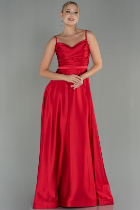 Kırmızı Uzun İp Askılı Saten Abiye Elbise ABU1601