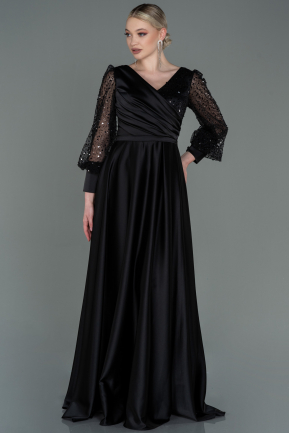 Siyah Pullu Uzun Kol Saten Abiye Elbise ABU3143