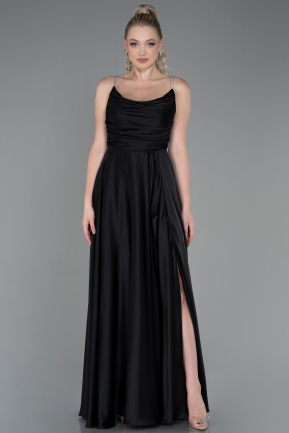 Siyah Degaje Yaka Yırtmaçlı Uzun Mezuniyet Elbisesi ABU3275