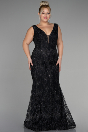 Siyah Kolsuz Uzun Simli Büyük Beden Nişan Elbisesi ABU3368