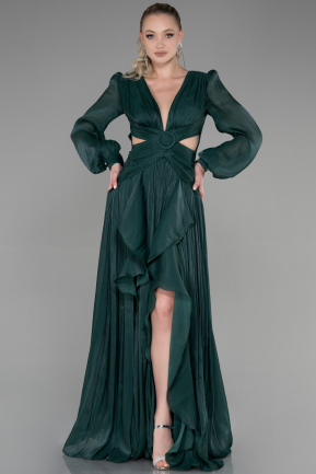 Zümrüt Yeşili Uzun Kol Yırtmaçlı Şifon Mezuniyet Elbisesi ABU3397
