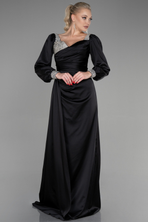 Siyah Taş Detaylı Uzun Kol Saten Abiye Elbise ABU3318