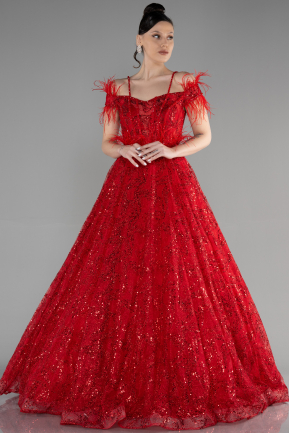 Kırmızı Prenses Model Simli Uzun Özel Tasarım Abiye ABU3555