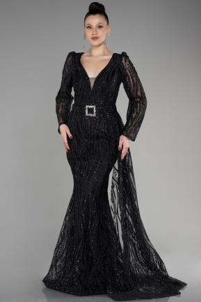Siyah Uzun Kol Simli Büyük Beden Nişan Elbisesi ABU3562