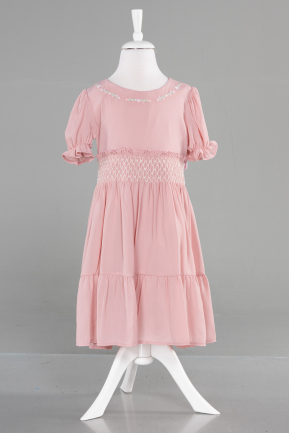 Pudra Kısa Kol Midi Kız Çocuk Elbisesi ABK1948