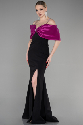 Fuşya-Siyah Fiyonk Tasarım Yırtmaçlı Uzun Abiye Elbise ABU3601