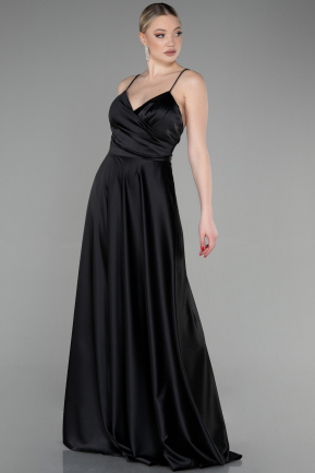 Siyah Askılı Uzun Saten Mezuniyet Elbisesi ABU3610