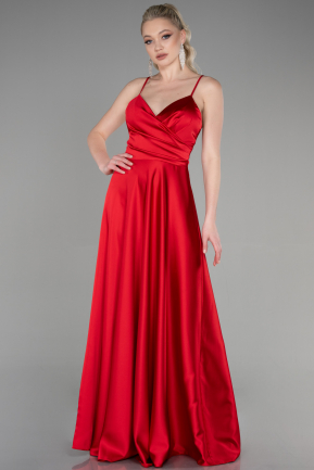 Kırmızı Askılı Uzun Saten Mezuniyet Elbisesi ABU3610