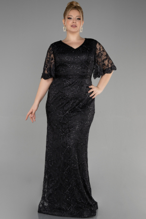 Платье для помолвки большого размера Длинный Гипюровый Черный ABU3614
