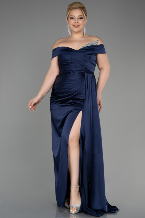Большое Атласное Платье Темно-синий ABU2561