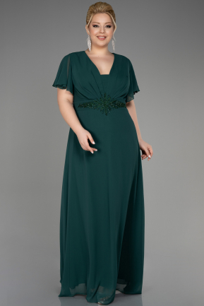 Длинное Шифоновое Вечернее Платье Изумрудно-зеленый ABU2308