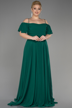 Длинное Шифоновое Вечернее Платье Изумрудно-зеленый ABU3259