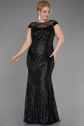 Платье для помолвки большого размера Длинный Гипюровый Черный ABU3733