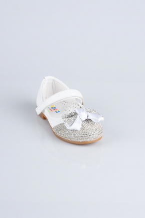Beyaz Taşlı Deri Kız Çocuk Abiye Ayakkabı MJ4000