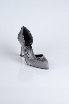 Platin Taşlı Saten Stiletto Abiye Ayakkabı MJ8008