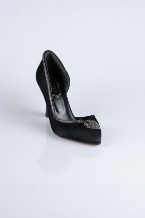 Siyah Taşlı Saten Stiletto Abiye Ayakkabı MJ8008