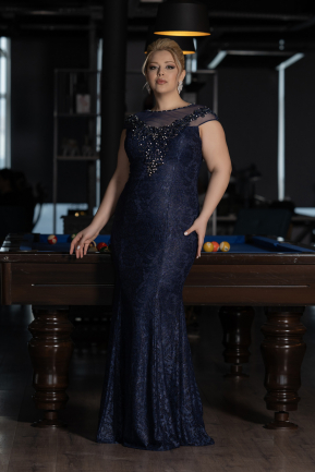 Платье для помолвки большого размера Длинный Гипюровый Темно-синий ABU3733