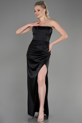 Long Black Satin Prom Gown ABU3765